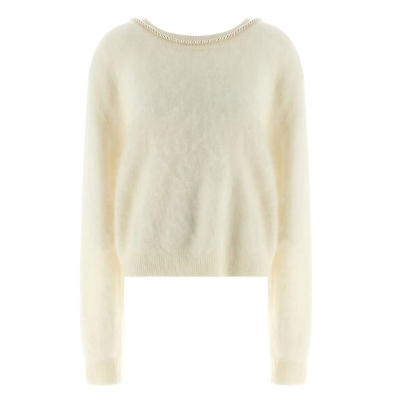 Bernadette Sweaters - Bernadette Solène Brushed Cashmere Pullover Open Back Pearl Necklace White Small